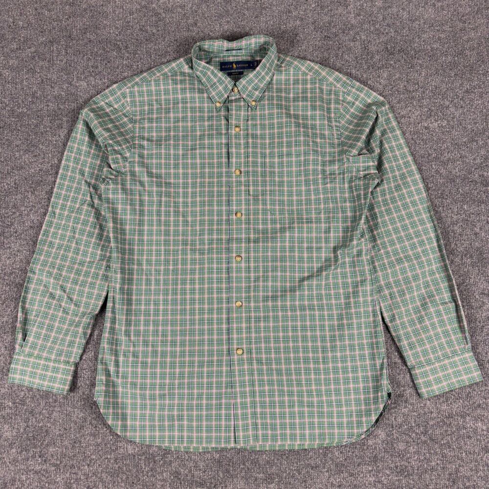 Ralph Lauren Shirt Mens Size Large Plaid Long Sleeve Button Green Slim Fit 120s